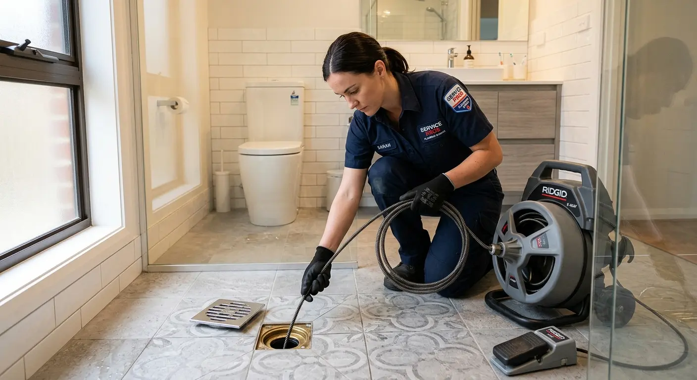 Technician clearing a bathroom floor drain for Hydro Jetting in Slaton